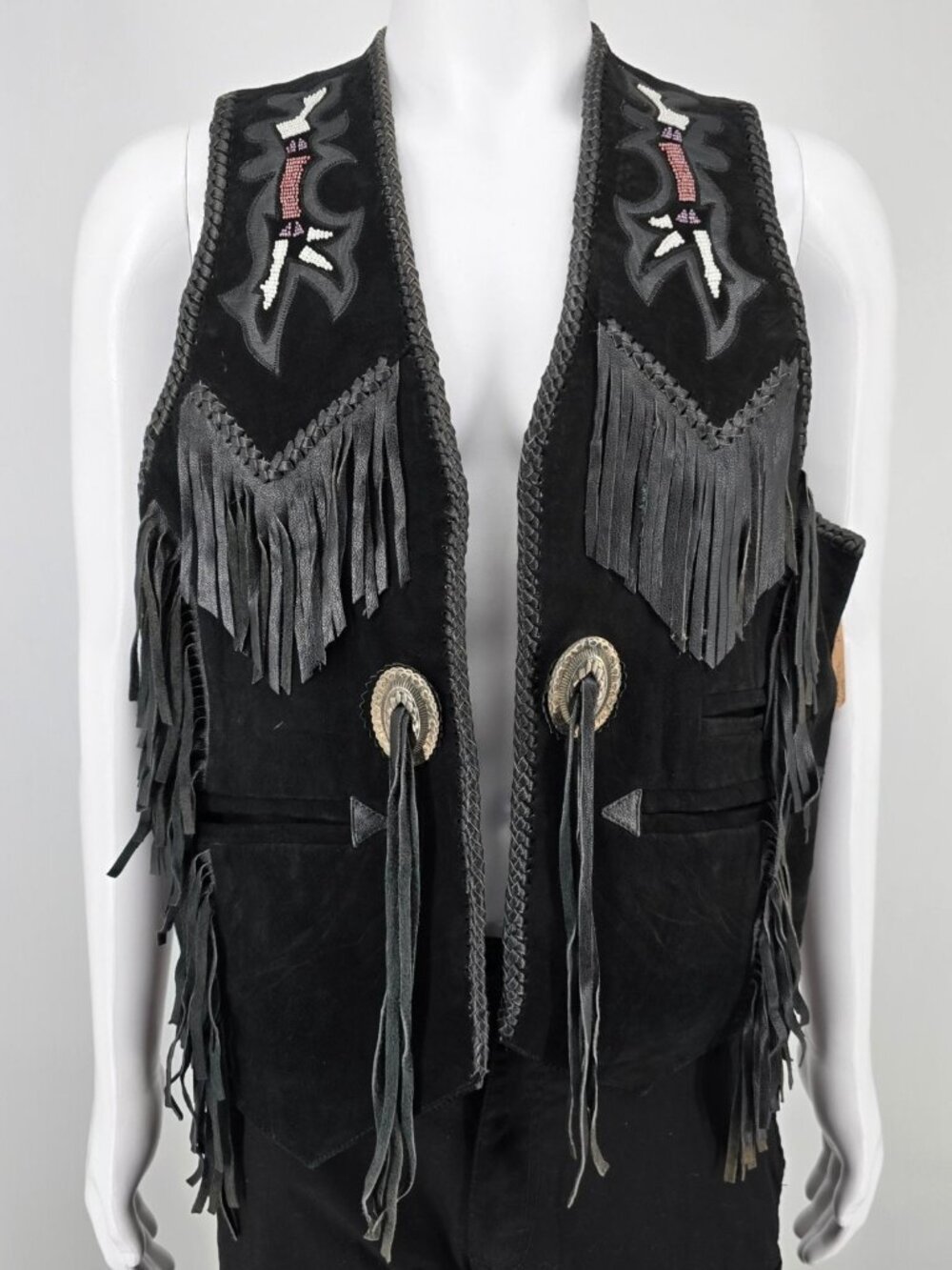 Vintage 1990s First Genuine Leather Men's Suede Beaded/Fringe Western Vest (M)
